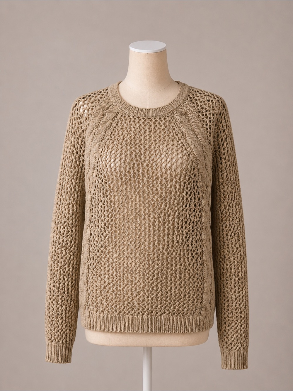 Kenar XL Open Knit Crochet Beach Sweater Taupe Boho